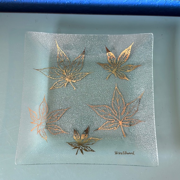 Other - Modern Mid Century Glass Square Dish With Gold Leaf Embellishments